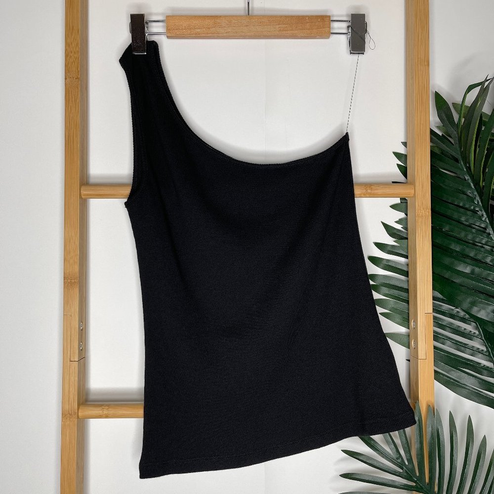 SOLD Witchery Black Asymmetric Rib Tank Top Size S Sleeveless Cotton Blend - Picture 2 of 11